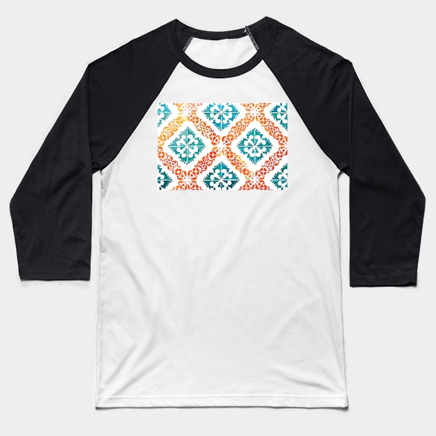 Gorgeous Portuguese tiles turquoise and orange stencil effect Baseball T-Shirt by juliedawnfox